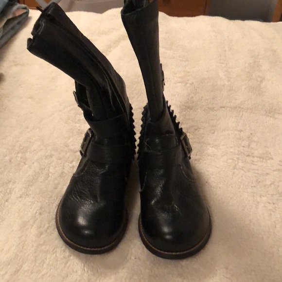 Black Kenzie leather boots with buckles, stud, and ruffle details - Picture 3 of 13